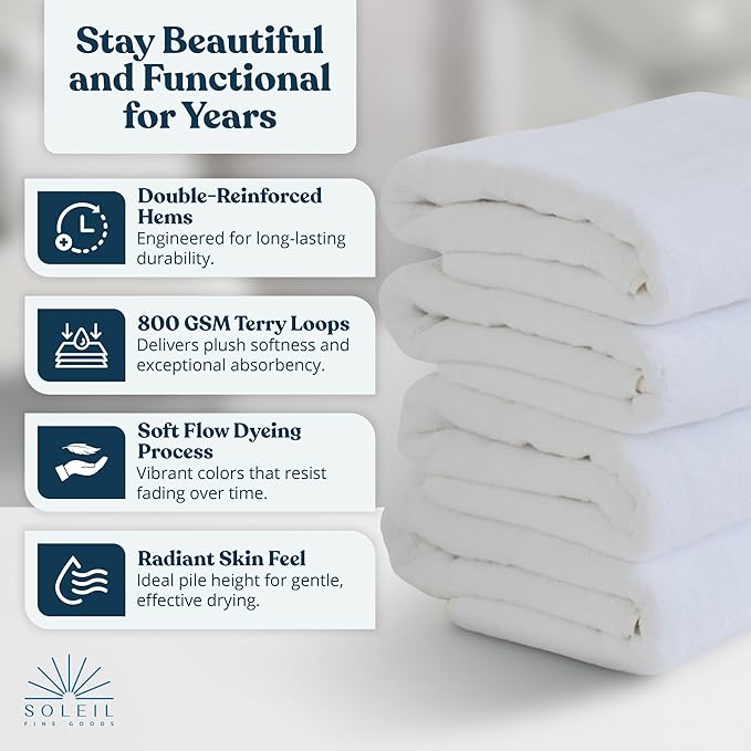 Soleil Fine Goods Luxurious 800 GSM 100% Cotton Bath Towel Set (4-Pack, 27x54) - Heavyweight & Ultra Absorbent, Plush Softness for Bathroom | Hotel & Spa Quality Luxury Towels- White