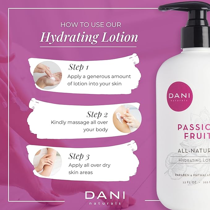 DANI Naturals Hand & Body Lotion - Juicy Passion Fruit Scented, Deep Hydration for Dry & Dull Skin with Shea Butter, Aloe Vera & Vitamin E, Vegan, Paraben-Free, 12 Oz