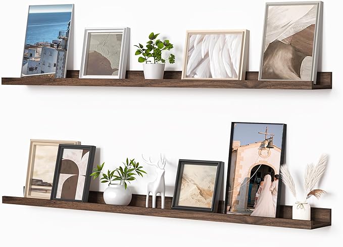 Heimlove Picture Ledge Shelf, Floating Shelves Set of 2, 48 Inches Picture Shelf for Wall with Ledge, Kids Bookshelf Wall Mounted for Living Room Bedroom Decor Books Photo Frames, Walnut