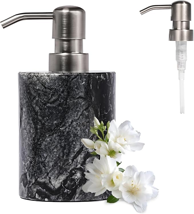 Marble Soap Dispenser with Stainless Steel Pump, Black Hand Liquid Soap Dispenser, 6 Ounces for Bathroom