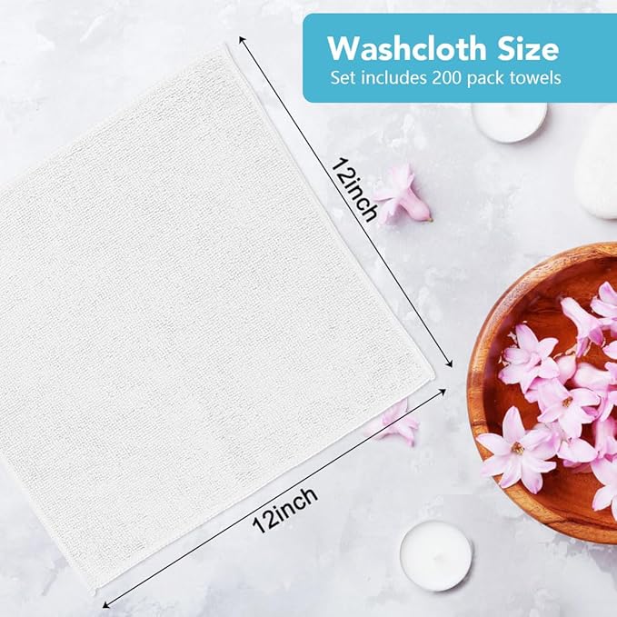 Orighty Wash Cloths Bulk Towels Set 200 Pack, Highly Absorbent and Soft Feel Microfiber Face Cloths, Multi-Purpose White Washcloths & Hand Towels for Bathroom, Hotel, Spa, and Gym, 12x12 Inch