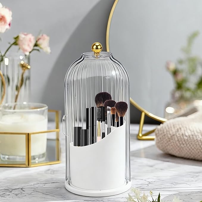 Toothbrush Holder with Cover, 360 Rotating Dust-proof Toothbrush Holder 3 Slots Rotating Makeup Brush Holder for Vanity Bathroom Countertop Organizer (Transparent)