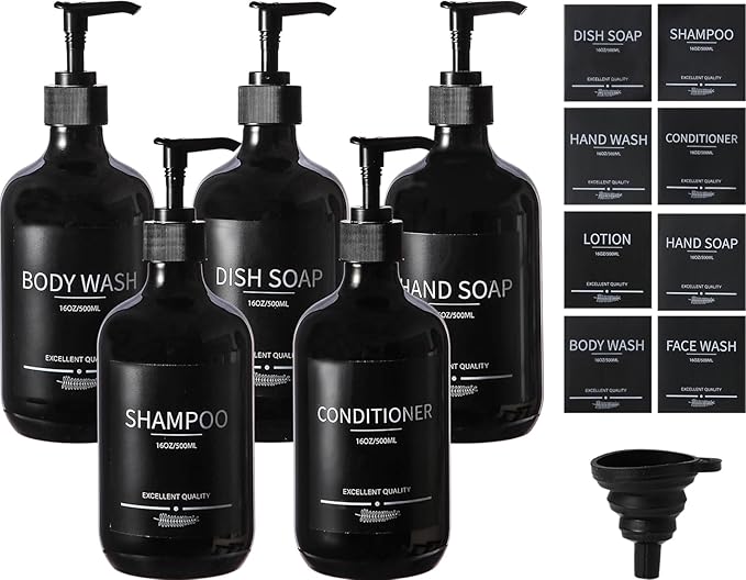 (5Pack) Black Shower Bottles Refillable with Labels, 16.9oz Reusable Shampoo and Conditioner Bottles,Shampoo Dispenser Bottles