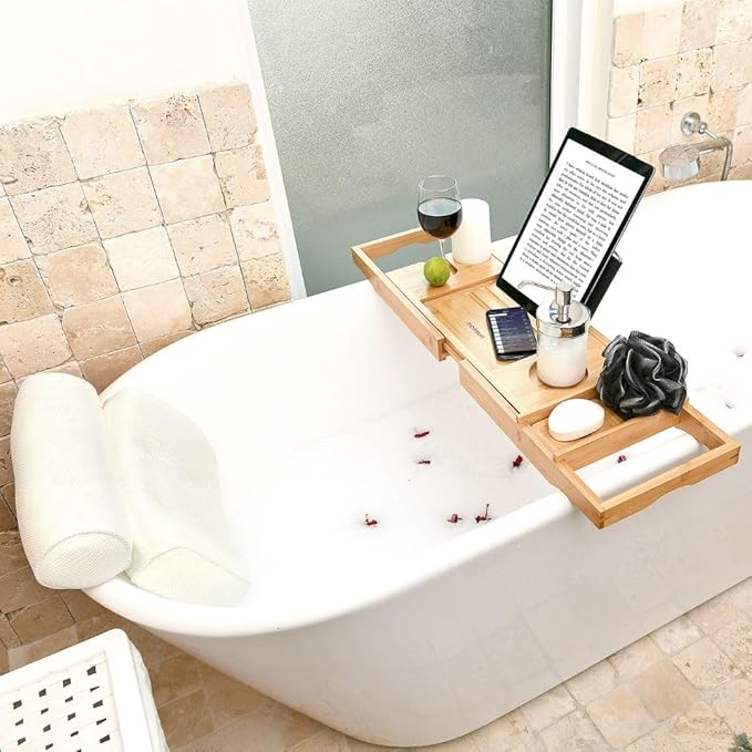 Bath Pillow and Bathtub Tray Set for Tub | Luxurious, Relaxing Home Spa Accessories with Bath Tub Pillows for Head and Neck, Foldable Bath Tray Caddy Organizer | Relaxation Gifts for Women Self Care