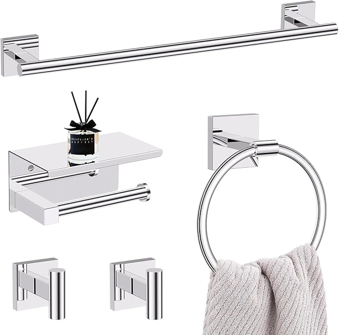 5-Piece Polish Chrome Bathroom Hardware Set, SUS304 Stainless Steel Bathroom Accessories Set 23.6 inches Towel Bar, Toilet Paper Holder with Shelf, Towel Ring and Two Towel Hooks Wall-Mounted