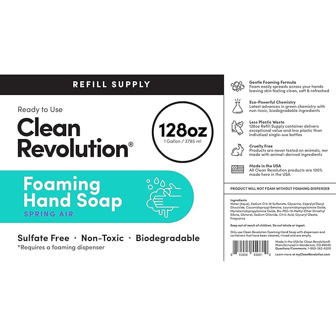 Clean Revolution Foaming Hand Soap Refill Supply Container, Ready to Use Formula, Gluten Free, Spring Air Fragrance, 128 Fl. Oz, 4 Pack