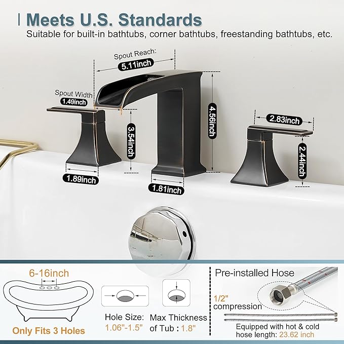 Waterfall Roman Tub Faucet, Solid Brass Oil Rubbed Bronze Bathtub Faucet, High Flow Deck Mount Tub Faucet Set, 3 Hole Widespread Bathtub Faucets with 2 Handles No Leaks 15 Mins to Install