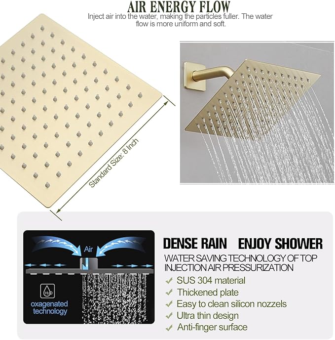 Brushed Gold Shower System 8 Inch Bathroom Luxury Rain Mixer Shower Combo Set Wall Mounted Rainfall Shower Head and Handheld System Shower Faucet Set Rough-in Valve Body and Trim Included