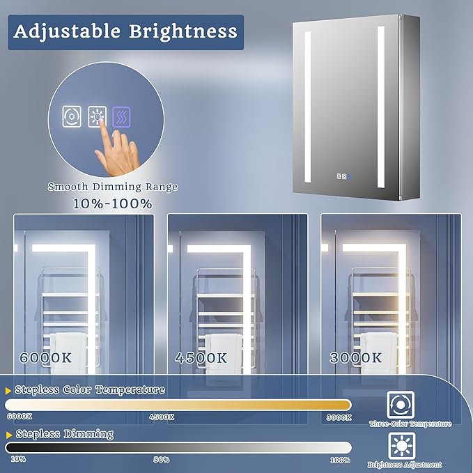 ExBrite Lighted Bathroom Medicine Cabinet, 20 x 26 Inch, Recessed or Surface led Medicine Cabinet, Defog, Stepless Dimming,Color Temper Change, 2 Outlets, Storage Shelves, Left Hinge