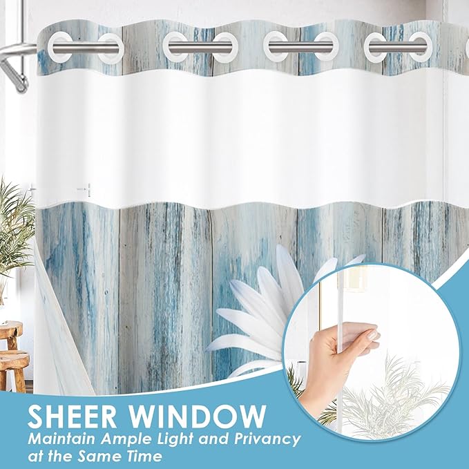 No Hook Blue Daisy Shower Curtain with Snap in Fabric Liner Set, Wooden Boards Double Layers Waterproof Fabric with See Through Top Window Open Grommet Bath Curtain 71x74 Inch