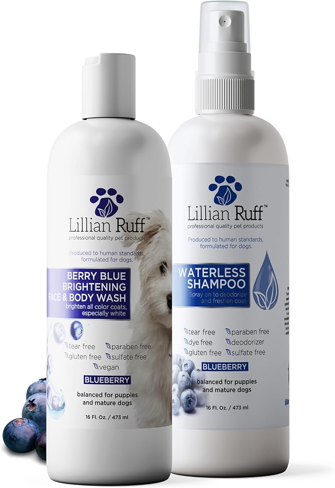 Lillian Ruff PRO Formula Berry Blue Brightening Dog Shampoo + Blueberry Waterless Dog Shampoo - Professional Whitening, Tear Stain Remover & No-Rinse Hydrating Odor Control, Aloe+Coconut Oil, USA Made