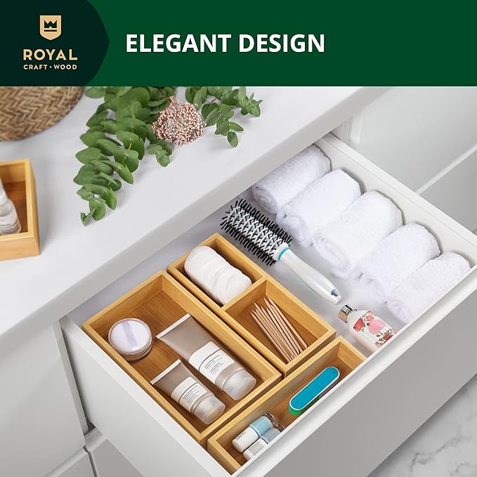 ROYAL CRAFT WOOD Luxury Bamboo Drawer Organizer Storage Box, Bin Set - Multi-Use Drawer Organizer for Kitchen, Bathroom, Office Desk, Makeup, Jewelry (3 Boxes)