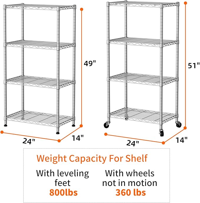 SINGAYE 4 Shelves Storage Shelf Wire Closet Bathroom Organizers Metal Pantry Kitchen Garage Shelving Unit Laundry Room Organization Home Rack Net Basket White with Wheels