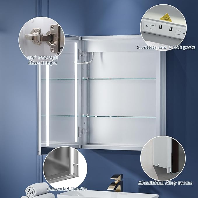 ExBrite Lighted Bathroom Medicine Cabinet, 20 x 26 Inch, Recessed or Surface led Medicine Cabinet, Defog, Stepless Dimming,Color Temper Change, 2 Outlets, Storage Shelves, Left Hinge