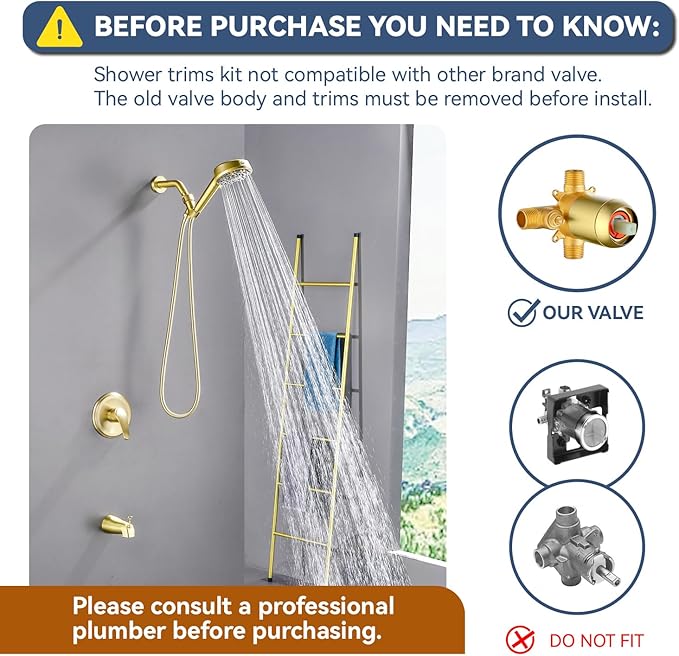 Brushed Gold Shower Faucet Set with Tub Spout Tub and Shower Faucet Set Complete with Handheld Shower Head Shower Combo Set Shower System with Tub Spout Tub and Shower Trim Kit