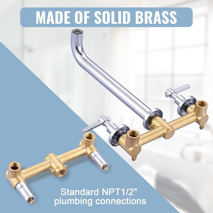 Wall Mount Tub Filler Tub Faucet High Flow Bathtub Faucets Two Handles Solid Brass, 12" Long Spout Reach, Chrome