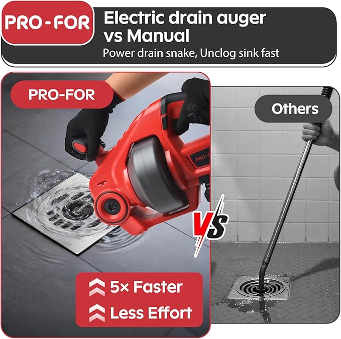 20V Cordless Electric Drain Auger, 25Ft Auto-Feed Drain Snake, Replaceable Cable, 2.0Ah Battery & Charger, LED Light, Clog Remover for Sink, Shower, Kitchen, Bathroom Pipes (3/4"-2")