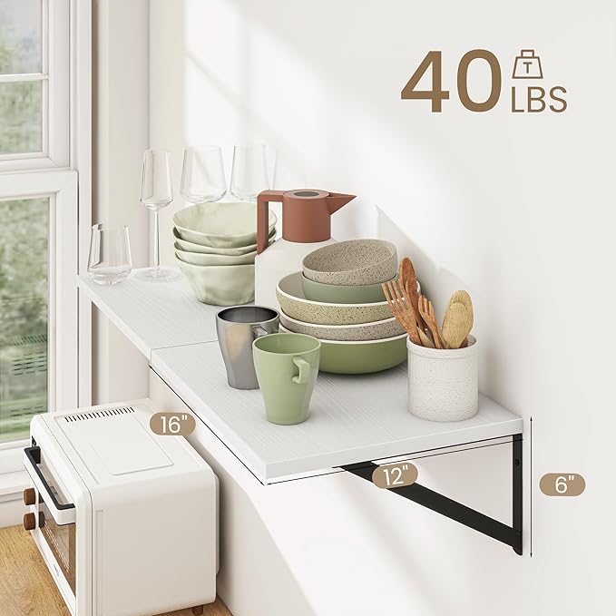 Dreamland White Floating Shelves for Wall, Wall Mounted Shelves, Large Floating Shelf 12 * 16 inch Set of 2 for Bookshelf Living Room Bedroom Home Office Bathroom