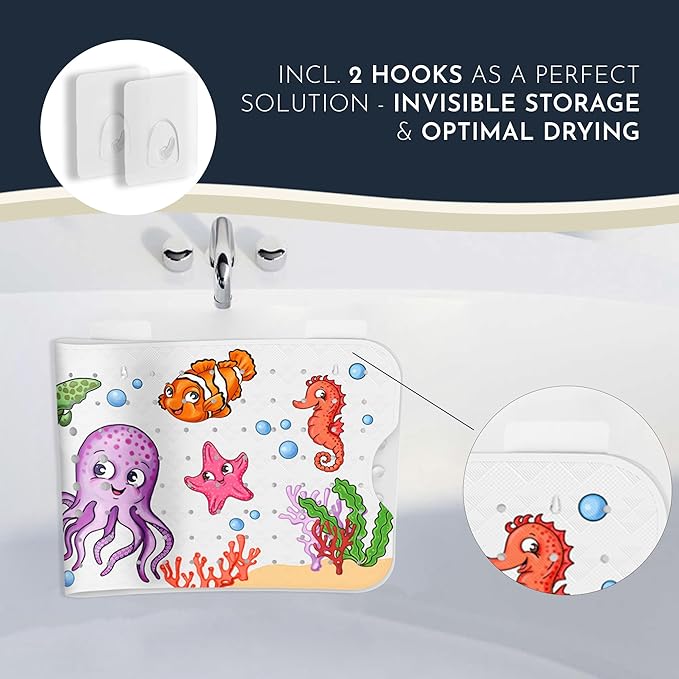Bath Tub Mat Non Slip Anti Mold for Kids BPA Free INCL Hooks - homerella® Ocean Sea Animals 40x16, Baby Bath Mat Non Slip 200 Suction Cups, Non Toxic Machine Washable Toddler Bath Mat, EU Certified