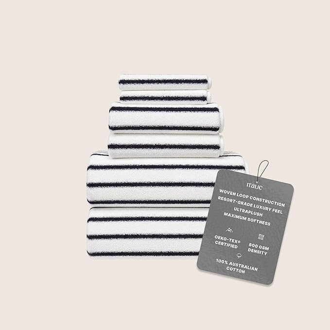 Italic Ultraplush 100% Australian Cotton Standard 6-Piece Set, 2 Bath, 2 Hand, 2 Washcloths, 800GSM Highly Absorbent & Quick-Dry, Resort Grade, Striped (White & Blue)