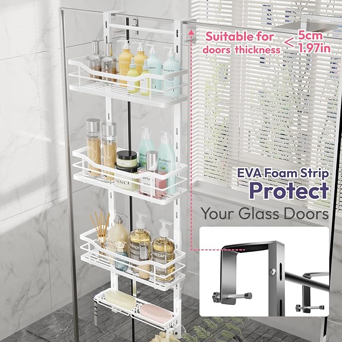 SWTYMIKI Over the Door Shower Caddy - 4 Tier Adjustable Shower Organizer Hanging with Soap Holder, No Drilling Stainless Steel Bathroom Rack Hanging for Body Wash, Shampoo, Soap, Razor, White