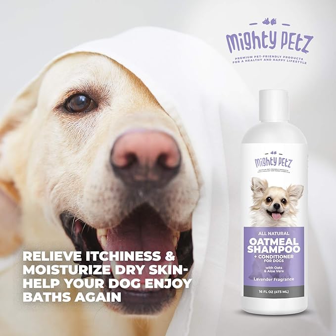 Mighty Petz 2-in-1 Oatmeal Dog Shampoo and Conditioner – 16 oz Natural Support for Allergies, Itchy Sensitive Skin. Moisturizing & pH Balanced for Dogs with Oatmeal and Aloe Vera