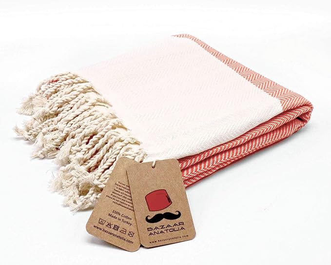 Bazaar Anatolia Turkish Beach Towel 100% Cotton Bath Towels 71x39 Quick Dry Sand Free Lightweight Large Oversized Herringbone Orange