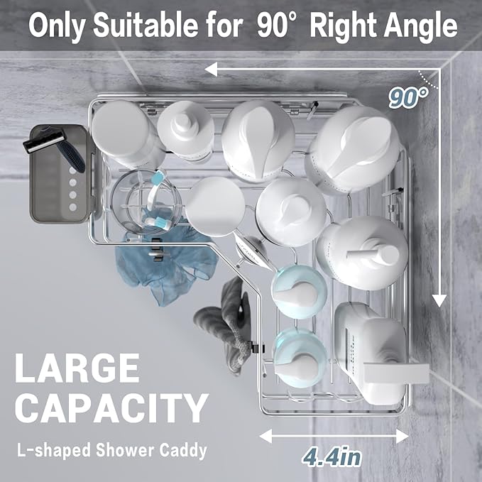 Corner Shower Caddy Shelf Rack: 2 Pack Adhesive Shower Organizer Essentials - No Drilling Stainless Steel Shower Storage Rack with Hooks and Toothpaste Holder - Bathroom Accessories