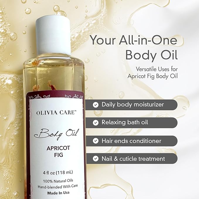 Olivia Care Body Oil Apricot Fig Vegan & Natural Moisturizing - Infused with VITAMIN E, K & Omega Fatty Acids - Refreshing Fragrance - Reduce Dry Skin, Anti-Aging Properties (Apricot Fig)