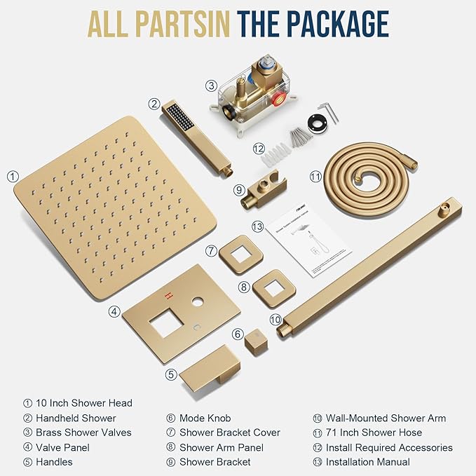 Gold Shower Faucet Set, Rainfall Shower System with Rain Shower Head and Handle Set, Wall Mounted Shower Fixtures, Full Metal Trim Repair Kit 12 inch Paint Gold (With Shower Valve)