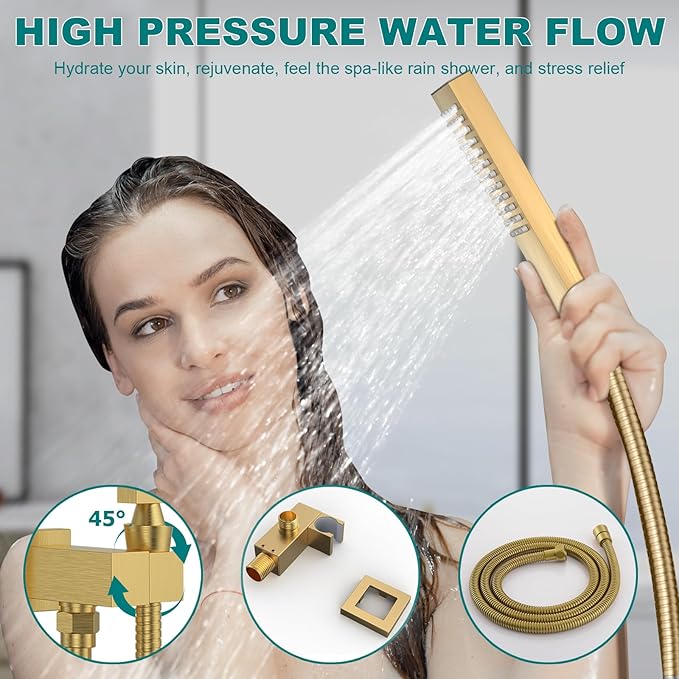 Brushed Gold Shower System, STARBATH 12 inch Rainfall Shower Head with Handheld Combo Set, Push Button Diverter 2 Functions Simultaneous Use, Bathroom Shower Faucet Set Rough in Valve Body and Trim