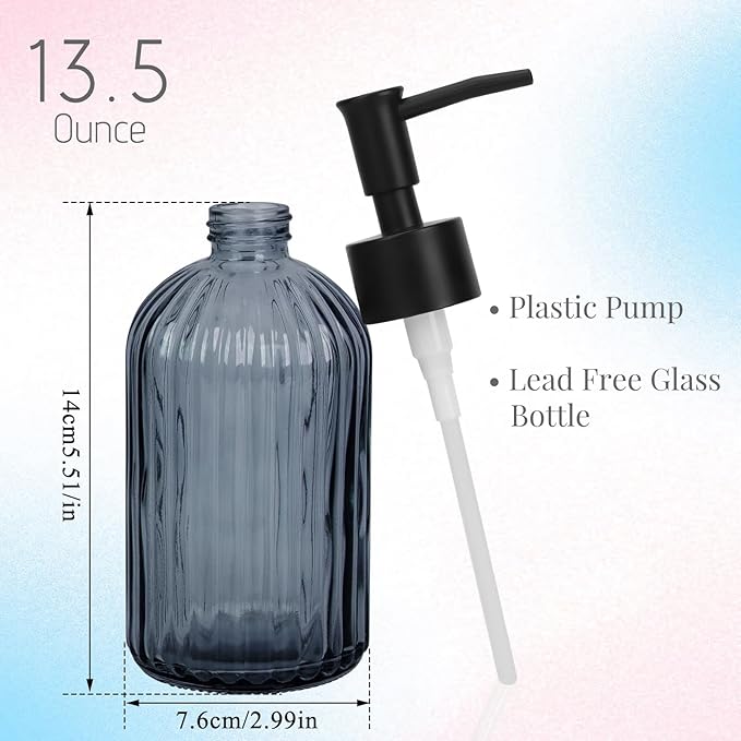 Glass Soap Dispenser with Plastic Pump, Hand Soap Dispenser for Hand Wash, Lotion Dispenser for Dishwashing Liquid, Lotion Shower Gel (Striped Blue Grey)