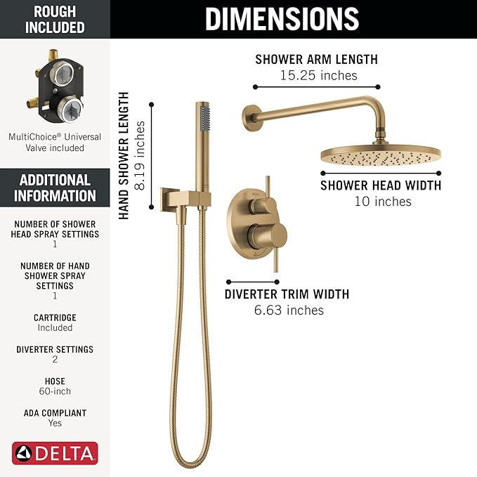 Delta Modern 14 Series Round Rain Shower System Faucet Set, Rainfall Brushed Gold Shower Head and Handle Set, Valve Trim Kit, 10 Inch, Champagne Bronze 342702-CZ