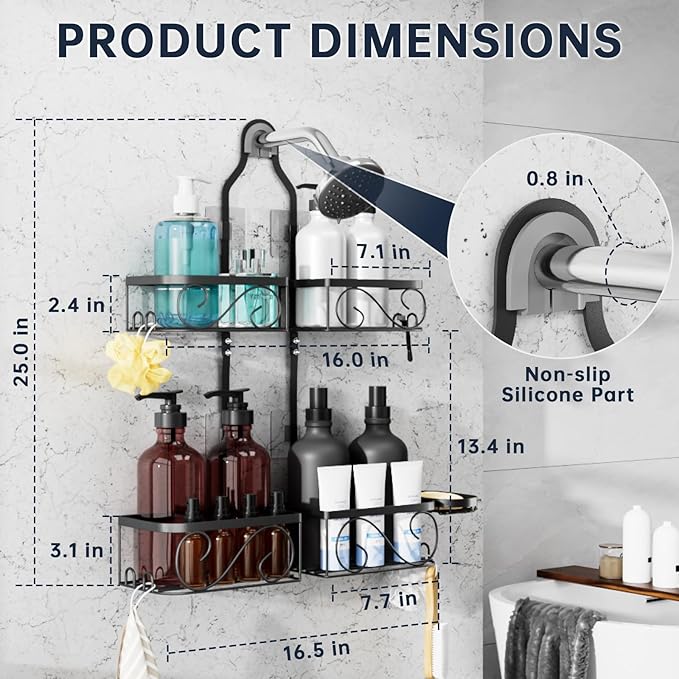 Kadolina Shower Caddy Hanging for Handheld Showerheads, Rustproof Stainless Steel Shower Organizer, Bathroom Organizer Rack with Soap Dish and Hooks for Razor/Sponge, Black