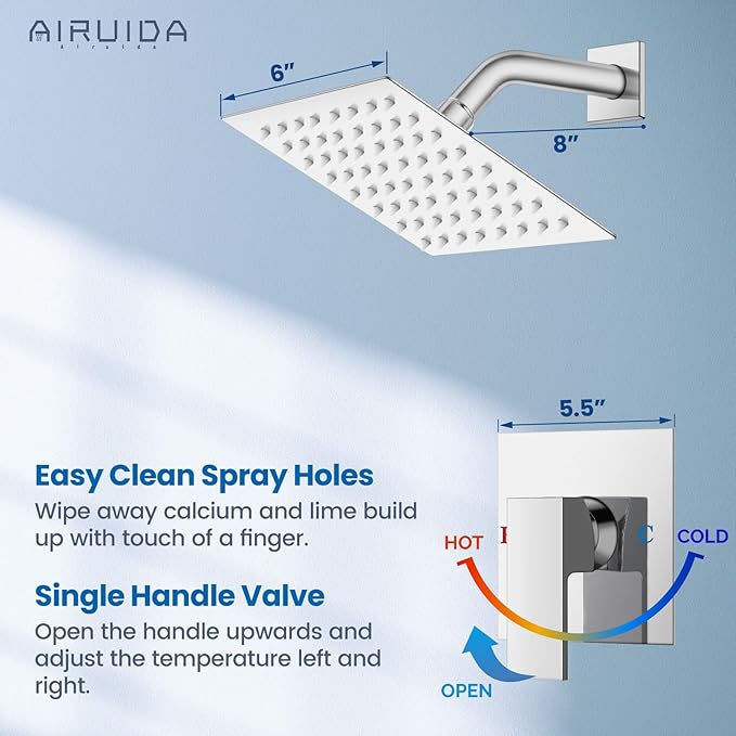 Airuida Shower Faucet Set Bathroom Rain Shower System SUS304 Stainless Steel Single Handle With Male Threads Rough-in Valve Shower Trim Kit 6 Inch Wall Mount Shower Head Chrome Polish