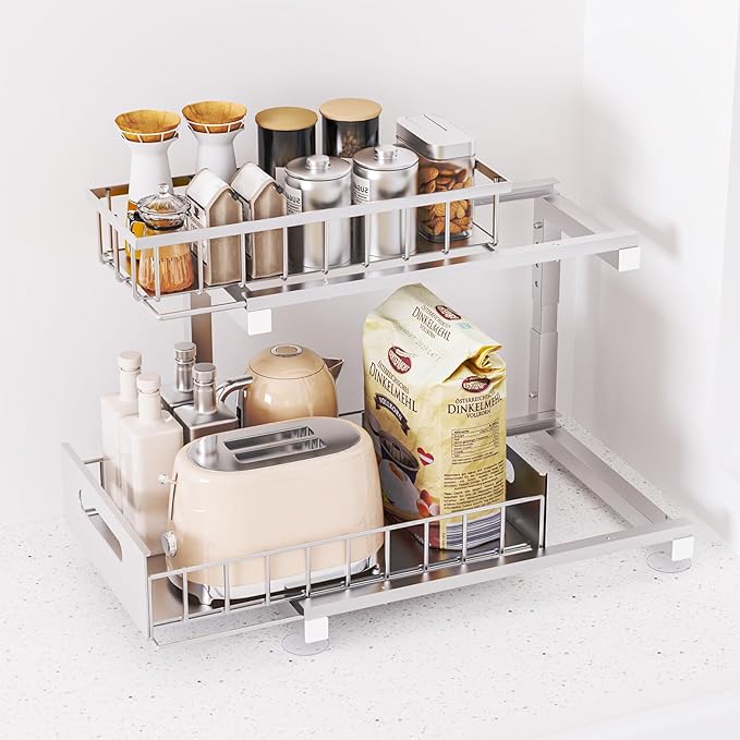 Under Sink Organizer Storage Heavy Duty Metal Slide Out Sink Shelf Organizer Height Adjustable, Multi-Purpose Storage Shelf for Kitchen Bathroom (Silver,1Pack)