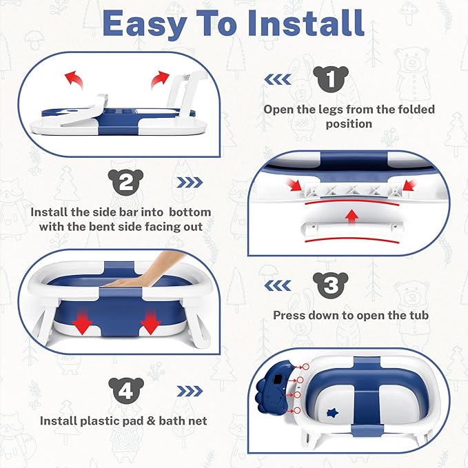 AVIDOR Baby Bathtub,Collapsible Bathtub for Newborn to Toddler,Durable Essential Infant Bath Tub,Portable Travel Baby Tub with Soft Bath Net,No-Slip Feet and Dinosaur Shaped (Navy Blue)