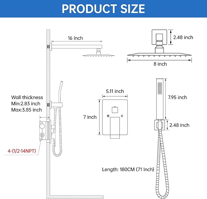 8 Inch Luxury Rain Shower Faucet Set, Matte Black Shower System with Rainfall Shower Head and Handheld Spray, SUS304 Stainless Steel and Solid Brass Wall Mounted Shower Valve Trim Kit