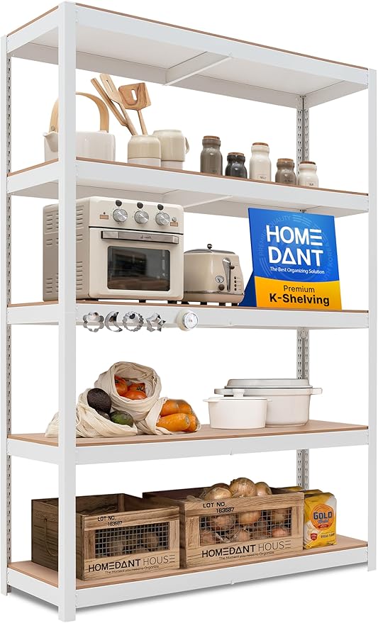 HOMEDANT House 48.1" W 5 Tier Heavy Duty Garage Shelving Adjustable Metal Rack Storage Shelves Standing Shelf Unit Organizers Industrial Warehouse Basement White 1Pack