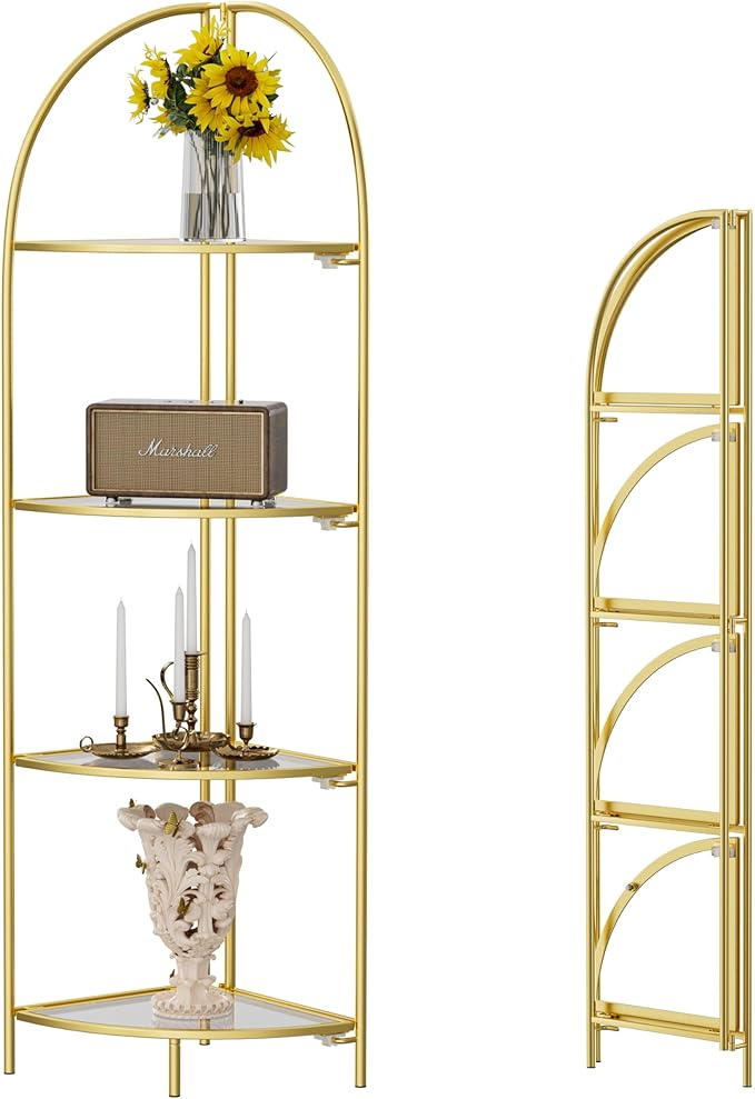 Crofy Foldable 4 Tier Corner Shelf, Metal Corner Plant Stand with Gold Frame and Transparent Shelves, Corner Display Rack Multipurpose Shelving Unit for Living Room, Bedroom, Bathroom