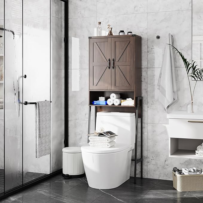 Over The Toilet Storage Cabinet with 2-Door Design Bathroom Organizers and Storage with Anti-Tip Device Over Toilet Organizer with Shelves for Bathroom,Restroom,Laundry Espresso