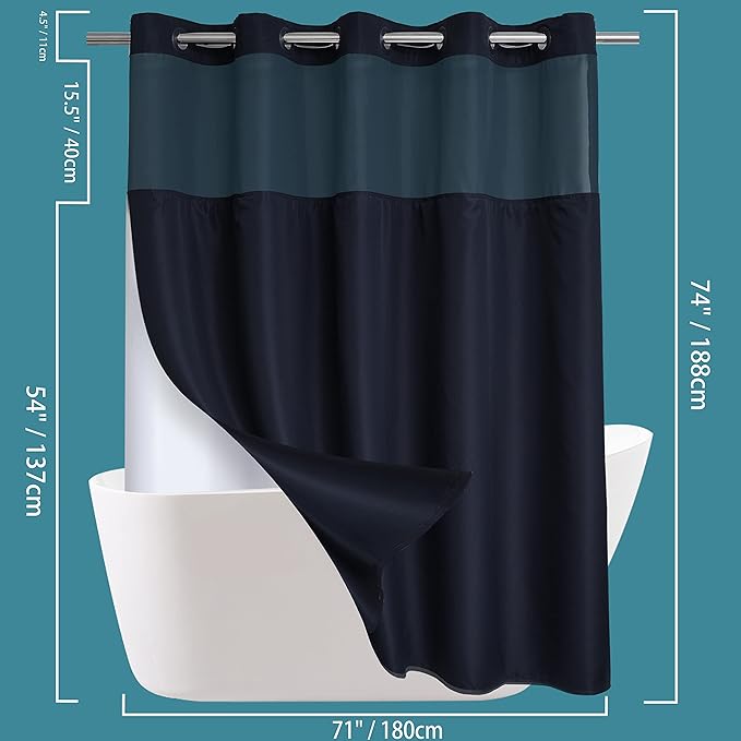 Conbo Mio No Hook Shower Curtain with Snap in Liner Set, Hotel Luxury Black Fabric Shower Curtains for Bathroom with See Through Top Window, Washable, Waterproof 71W x 74H