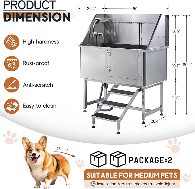 Albott 50 Inch Stainless Steel Dog Washing Station with Non-Slip Steps, Sprayer, Faucet, Soap Box – Professional Pet Bathtub for Small and Medium Pets, Use at Home, Garage, or Grooming (Right Door)