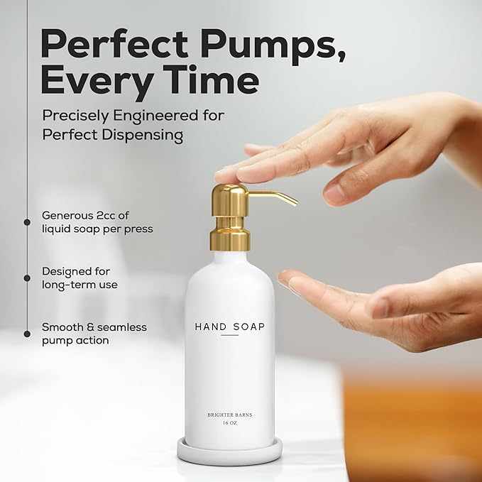 Luxury Glass Hand Soap Dispenser Bathroom Set by Brighter Barns - Hand Soap Dispenser with Stainless Steel Pump - Glass Bottle with Round Tray - White and Gold Bathroom Decor & Accessories (Gold)