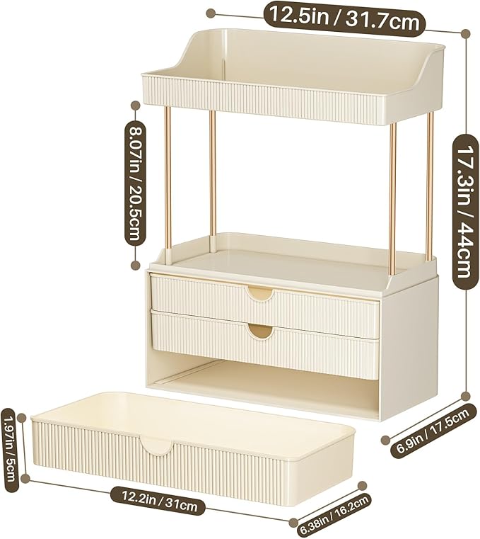 Bathroom Organizers and Storage - 3 Drawers 2 Tier Makeup Organizer, Cosmetic Storage Drawer for Dresser Countertop and Bathroom Vanity for Large Skincare, Perfume, Cream White