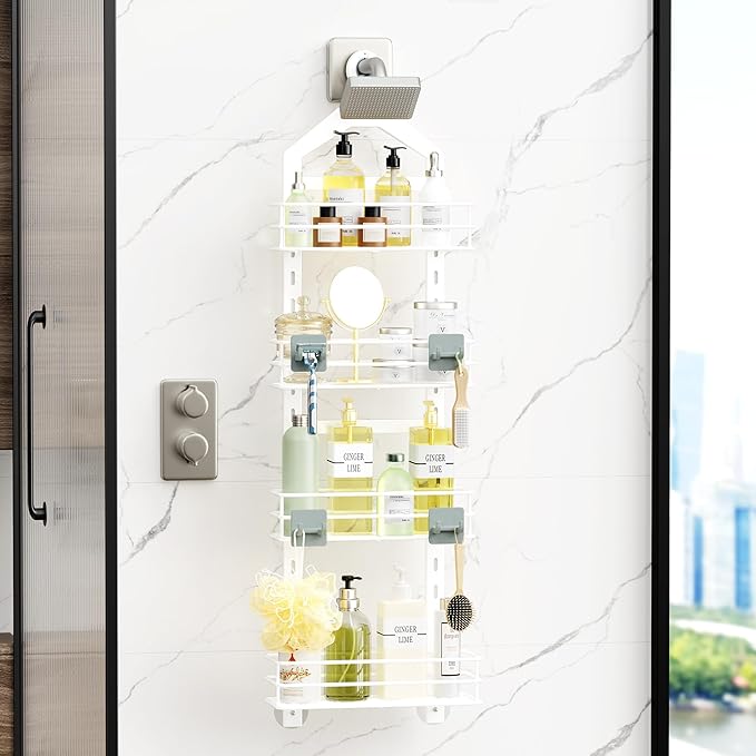Orimade 4 Tier Adjustable Anti-slip Shower Caddy Over Shower Head, Rustproof Bathroom Hanging Organizer With 4 Hooks for Razor, No Drilling Shower Shelves Storage Rack, White