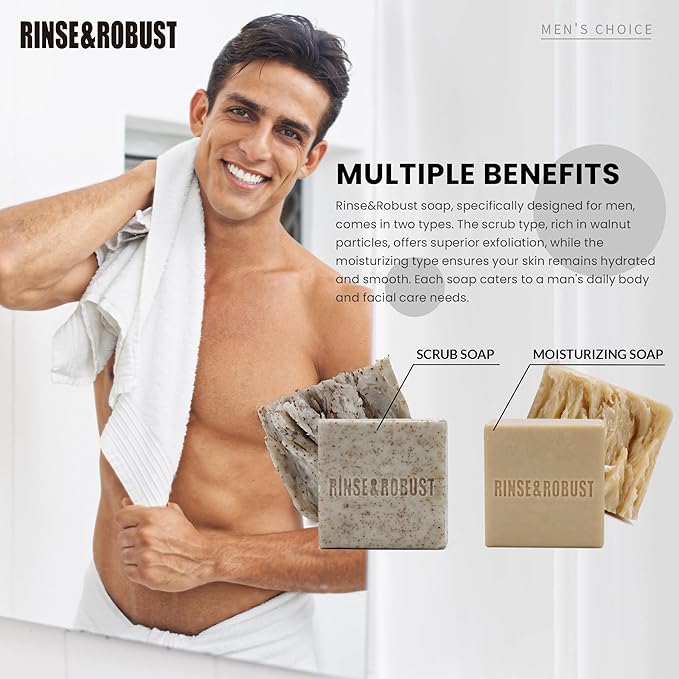 Rinse & Robust Mens Natural Bar Soap 6Pcs Handmade Cleansing Soap Bar Set Moisturizing&Exfoliating Scrub Soap Gifts for Men 6 Different Scents 3.5 oz of 6 Bars