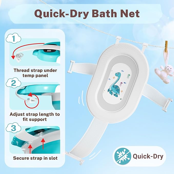 AVIDOR Baby Bathtub,Collapsible Bathtub for Newborn to Toddler,Durable Essential Infant Bath Tub,Portable Travel Baby Tub with Soft Bath Net,No-Slip Feet and Dinosaur Shaped (Light Blue)