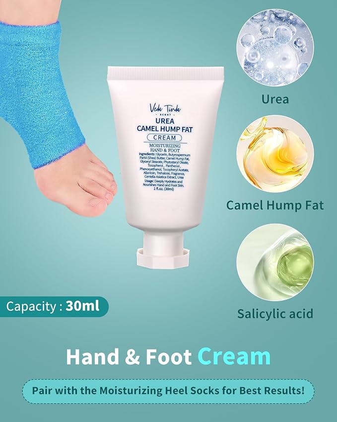 VTS Foot and Hand Care Kit - Includes Tea Tree Oil, Salt Scrub, Serum, Urea Cream 40 Percent, Moisturizing Heel Socks - Home Pedicure Spa Kit for Dry Cracked Heels Feet Knees Elbows Hands