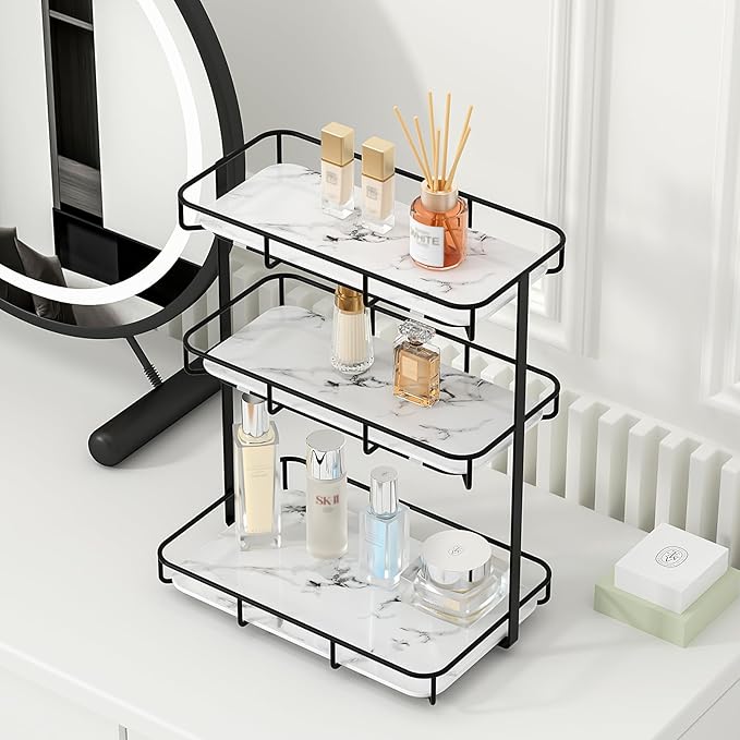 Bathroom Organizer Countertop Perfume Organizer Makeup Organizer Cosmetics Storage Display Rack Vanity Tray Dresser Stainless Steel Gold Shelf White Marble Ceramic Tray